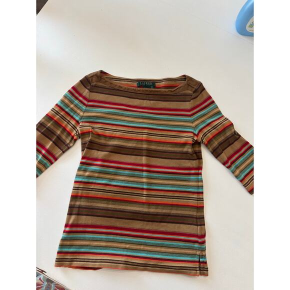 Lauren Ralph Lauren Striped Top Small Suede Trim Classic Heritage Old Money - Picture 8 of 8